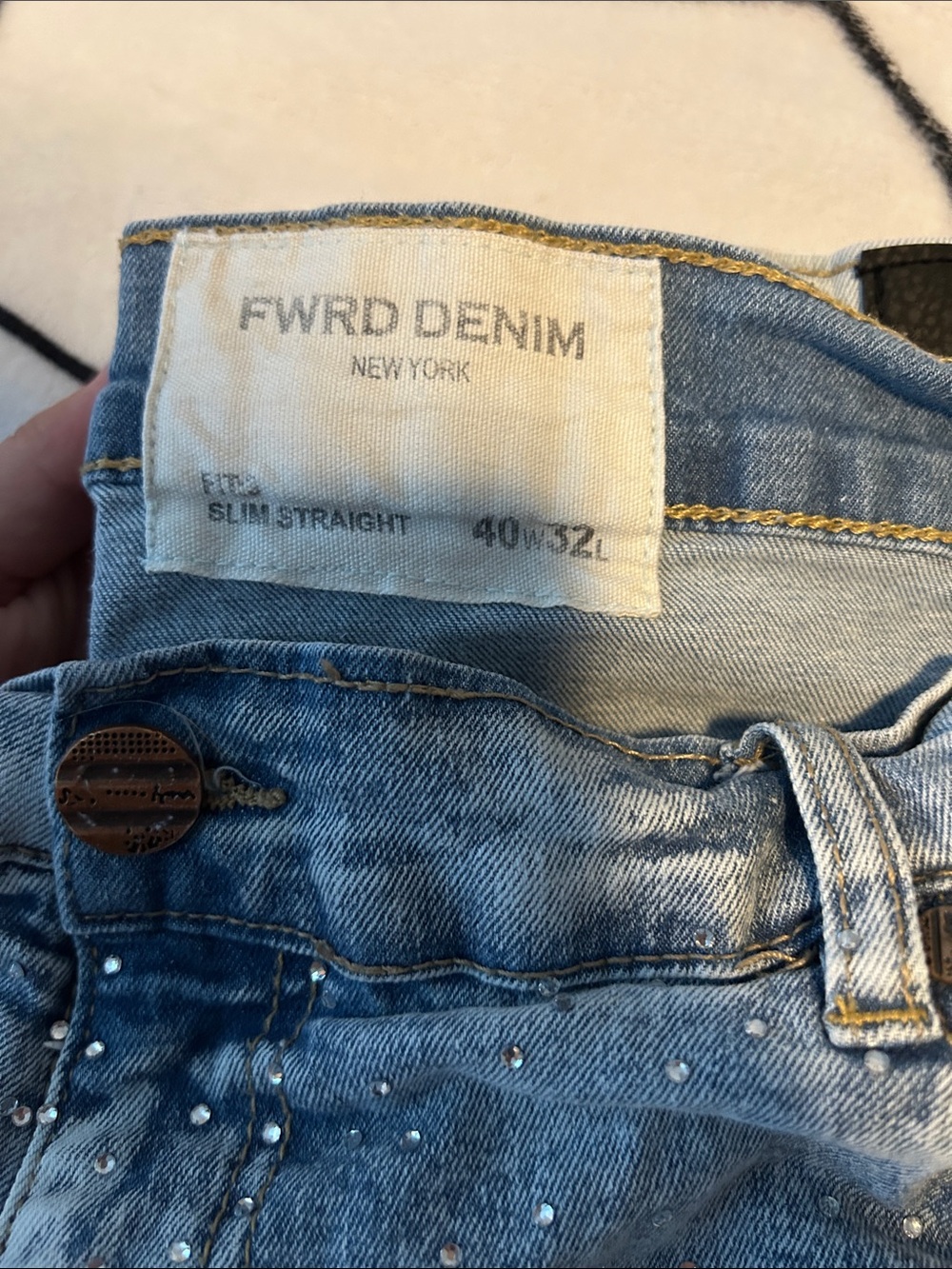 FWRD Denim Light Blue Slim Straight Jeans with Crystal Detail